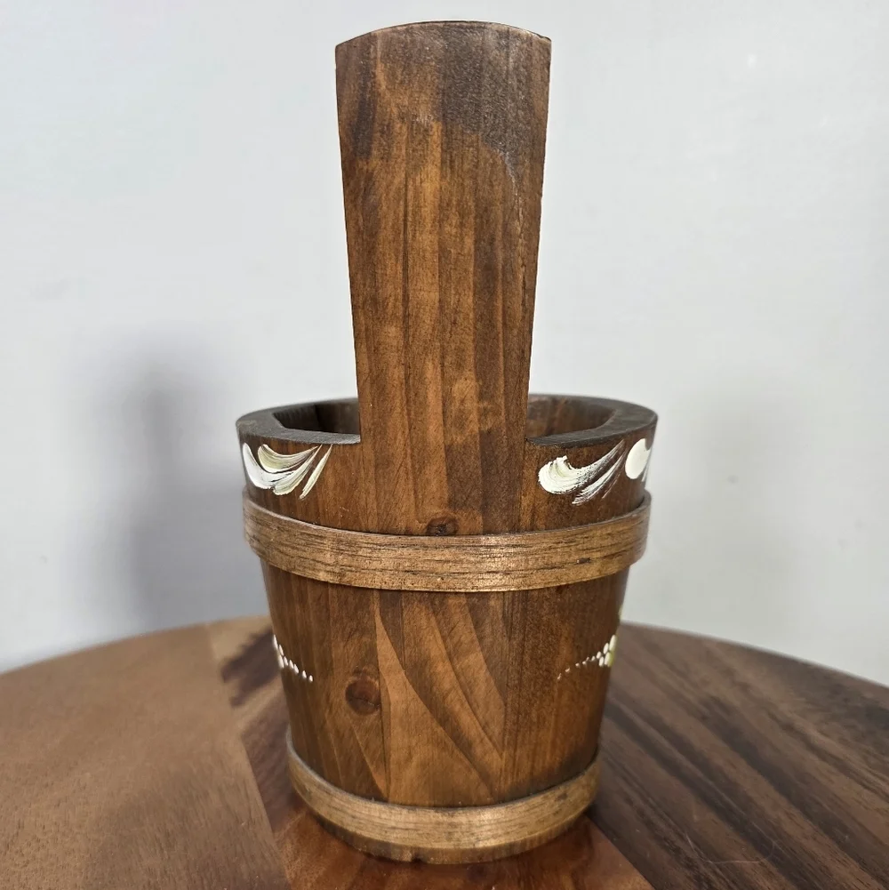 Vintage Handcrafted Small Wooden Pot with Floral Design Scandinavian Antique